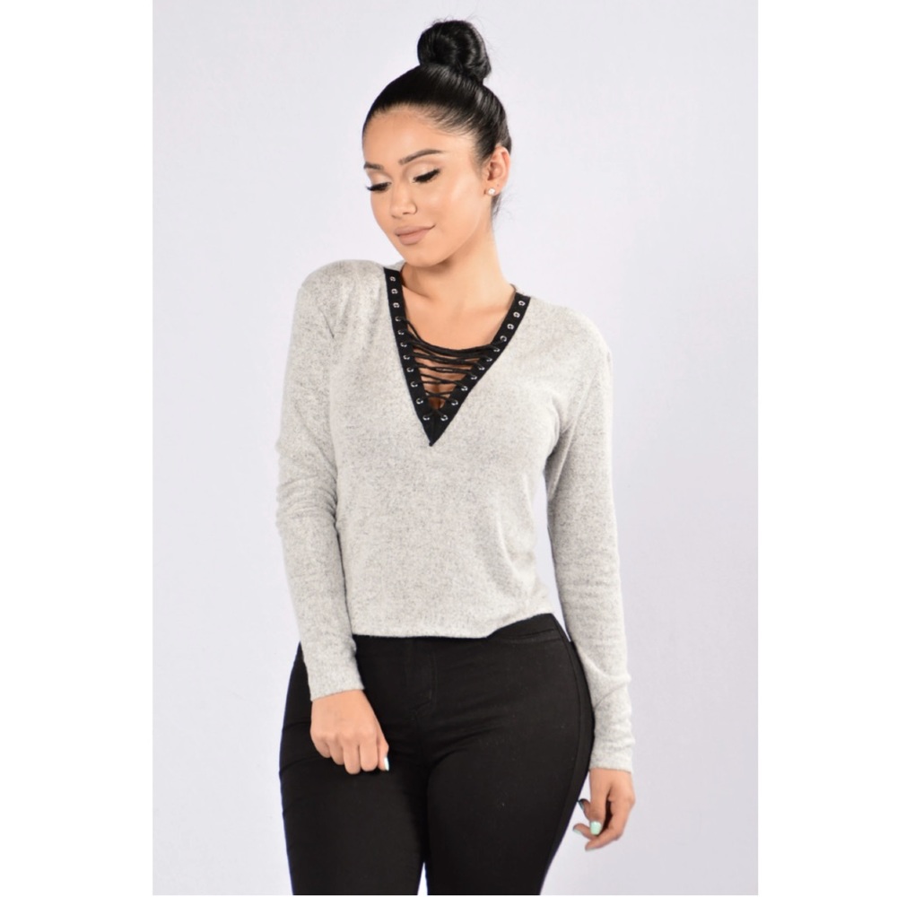 Fashion Nova Gray Lace Up Top